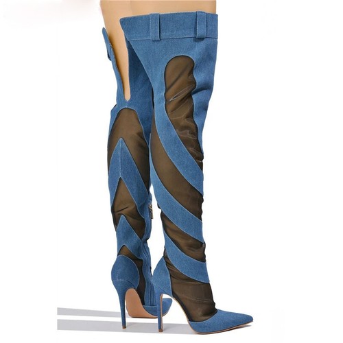 Cape Robbin Mesh Denim Thigh High Boots Women Over Knee Blue Thigh High Boots - Picture 6 of 6