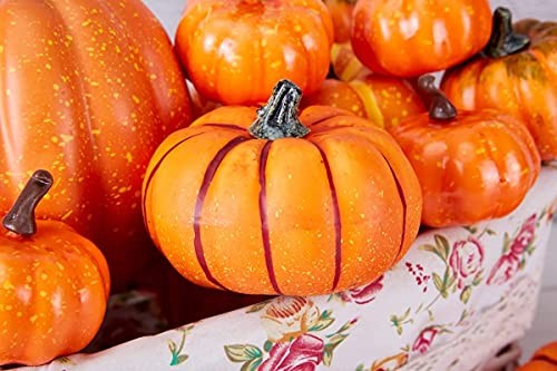 Package of 12 Pcs Assorted Sizes Artificial Fake Pumpkins Large Faux Orange - Foto 7 di 7
