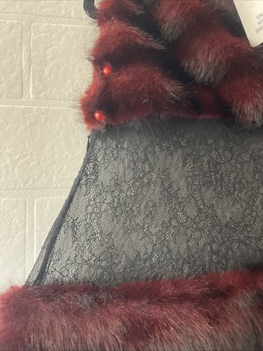 Revolve Aubergine Faux Fur Combo Dress Kim Shui Bordeaux lace panels M $395msrp - Picture 9 of 9