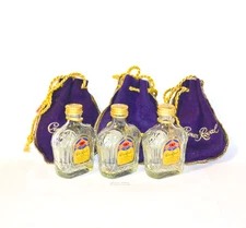 3 Vintage Crown Royal 50 ml Glass Bottles and matching purple bags