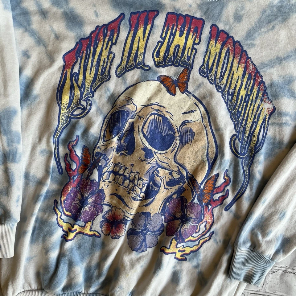 Live In The Moment 领带染料无边界运动衫小号女式骷髅感恩 — 第 2/4 张图片