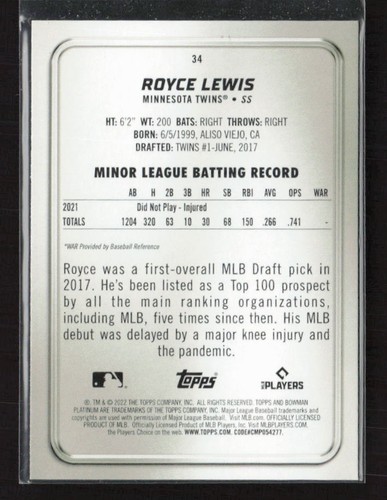 2022 Bowman Platinum #34 Royce Lewis Ice Foilboard Minnesota Twins (Q) - Picture 2 of 2