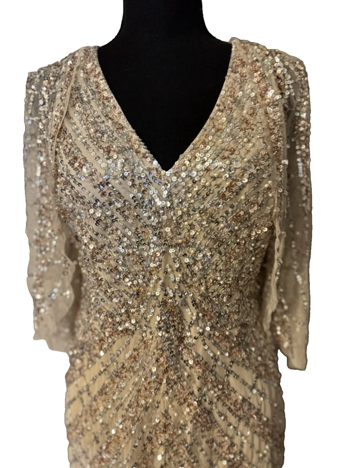 Vestido Aidan Mattox 4 Lentejuelas Doradas Formal Largo Maxi Crucero Fiesta Boda $550 NUEVO Foto 4 de 4