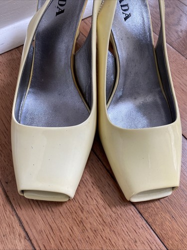 Prada Women Yellow Patent Leather Two Tone Slingback Chunky Heels Size 36 - Picture 13 of 24