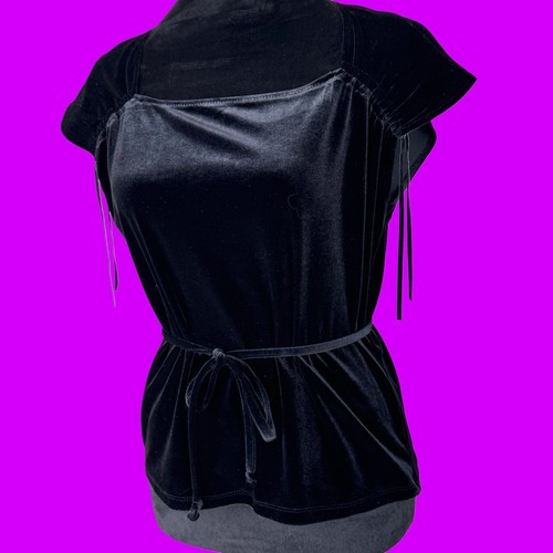 Vintage Esprit Velvet Cinch Top With Waist Tie Black Size Med Whimsygoth Witchy - Picture 2 of 6