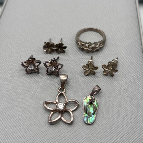 Lot Of Sterling Silver Hawaiian Jewelry Items Plumeria Theme Pendant Earrings