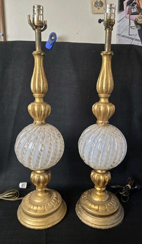 Vtg Pair Murano Ribbed Glass Gilt Wood Lamps - Picture 2 of 19