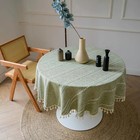 Green Round Tablecloth Striped Embroidered Table Cover Tassel Tabletop Decor