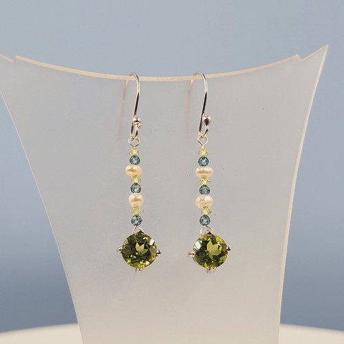 Peridot Pearl Earrings, Green Peridot, London Blue Topaz Gemstone Beads, - Picture 1 of 4