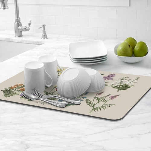 Elegant Vintage Sage Flower Dish Drying Mat, 12”x20” - Super Absorbent & Stylish - Bild 10 von 11