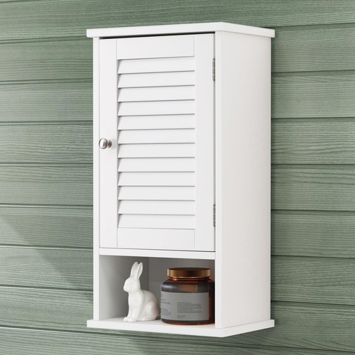 Wooden Bathroom Wall Cabinet, Single Louver Door Wood Storage Cabinet with Ad...