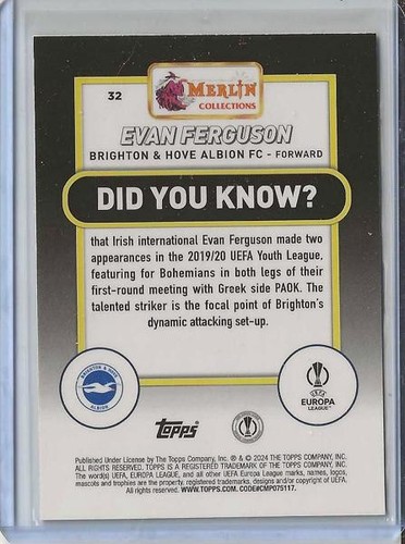 2023-24 Merlin UEFA #32 Evan Ferguson Rose Gold Shimmer Refractor #/299 - Picture 2 of 2