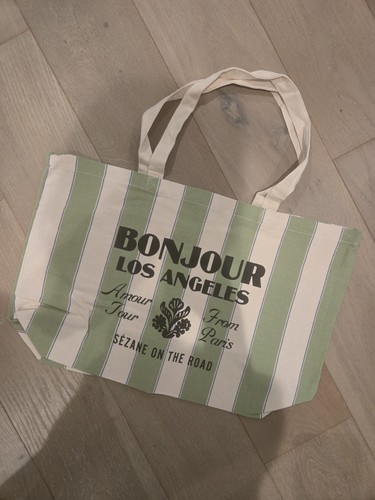 Sezane Bonjour Los Angeles Shopping Tote Bag Cream Green Stripe Top Handle