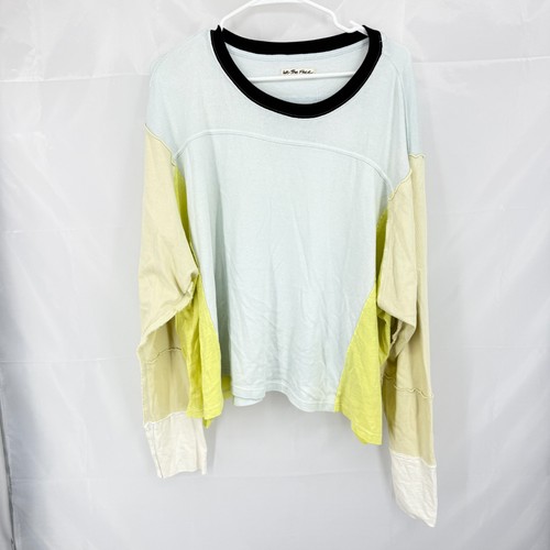 Free People T-Shirt Damen XL Tri Color Blau Grün Langarm Oversized Slouch