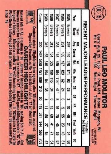 1990 Donruss Paul Molitor #BC-15 Milwaukee Brewers - Picture 2 of 2