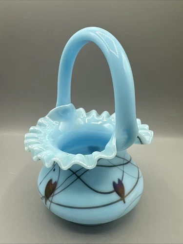 Vintage Fenton Robert Barber Turquoise Hanging Hearts Basket 1976 Ruffled 7.5"