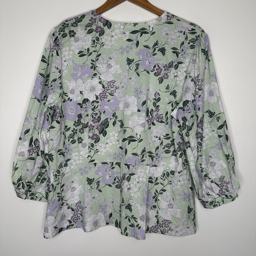 Liz Claiborne Peplum Blouse Womens Size PXL Green Floral Button up Cotton Blend - Picture 2 of 9