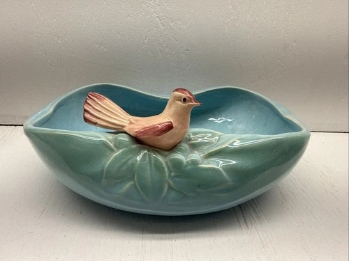 McCoy pottery Vintage Blue Bird Bath Planter Bowl With Pink Bird.