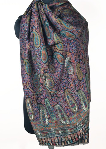 Large Black Handmade Kani Shawl. Silk Blend Pashmina Paisley Wrap. Zari work - Picture 10 of 10