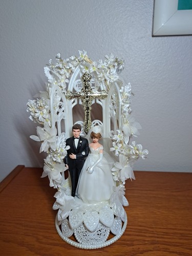 Vintage Wilton Hochzeitstorte Topper W-730 Braut Bräutigam Herzen Glocken christliche Blumen