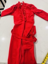 VTG Carriage Court Sears Red Robe Ruffle Satin Trim Belted Fleece Housecoat
