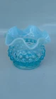 Fenton Blue Opalescent Hobnail Vase Bowl 3" with Ruffled Edge Vintage