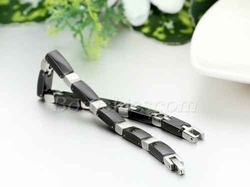 Men's Stainless Steel White/Black Ceramic Bracelet Cross Wrist Link Chain Bangle - Picture 5 of 11