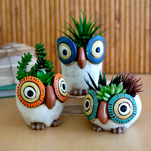Owl Planters Pot Flower Garden Succulent Herb Plant Ceramic Birds ~ Set Of 3