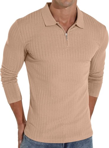 Men's Slim Fit Polo Shirt Zipper Collar Short or Long Sleeve Casual Golf Tee - Picture 38 of 57