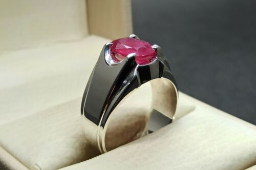 Natural Oval Cut 4.5 Carat Red Ruby Sterling Silver 925 Handmade Yakoot Men Ring - Picture 2 of 12