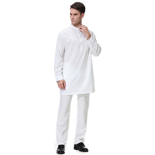 Men Thobe Jubba Two Piece Men Kaftan Top Long Pant Set Muslim Men Robe Dishdasha - Picture 21 of 42
