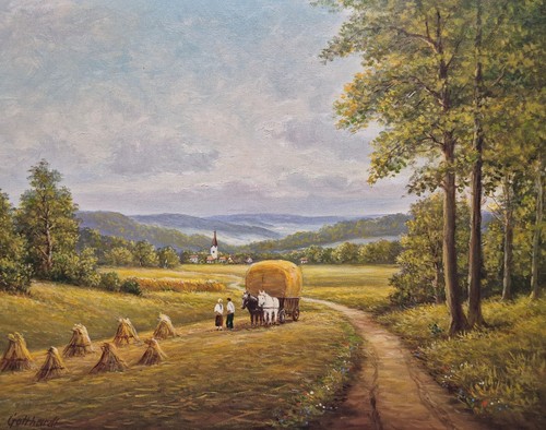 Friedolf Gotthardt (geb. 1923) Ölgemälde Landschaft mit Feldarbeiten 43x53cm