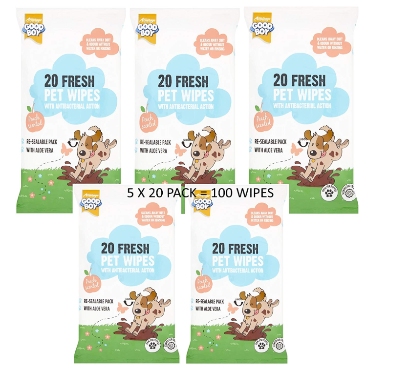 100 Good Boy PET WIPES Peach Scented Dog Puppy 5 x 20pk /Anti Bacterial Wipes
