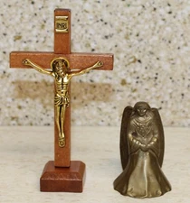Brass Guardian Angel & Wood Crucifix Cross Religious Christian Collectible Items