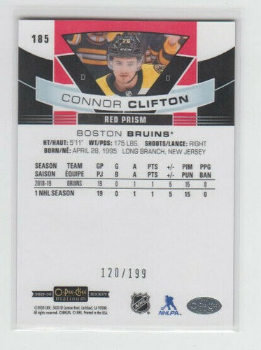 19/20 OPC Platinum Boston Bruins Connor Clifton Red Prism RC #185 Ltd #120/199 - Picture 2 of 2