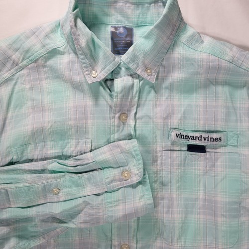 Vineyard Vines Harbor Herren Medium pastellgrün kariert Angeln belüftet Hemd