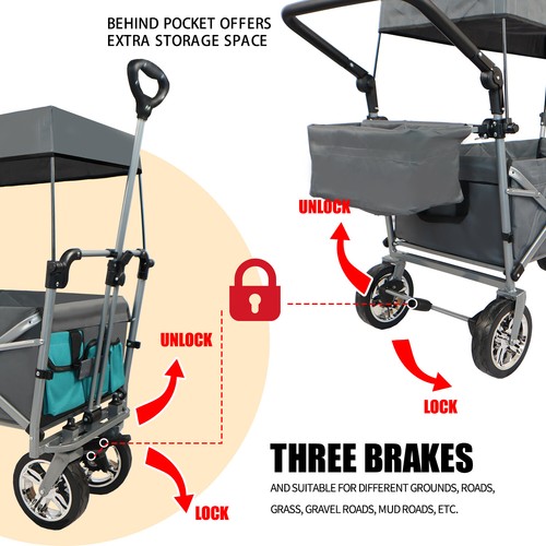 Wagon Stroller Push Pull Quad Collapsible for Kids or Pet W/ Removable Canopy - Picture 11 of 14