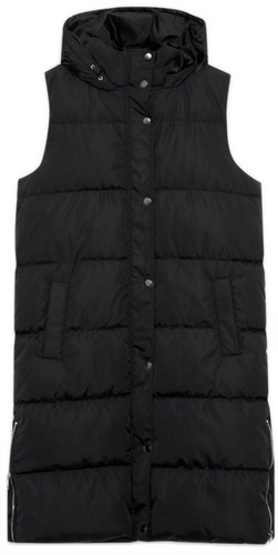 Size 30 Long Gilet Sleeveless Bodywarmer Popper Zip Quilted Hooded Coat - Picture 2 of 7