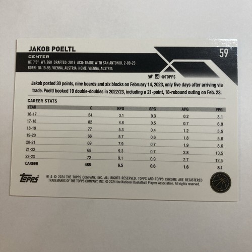 2023 Topps Chrome Basketball #59 Jakob Poeltl Pink Refractor - Picture 3 of 4