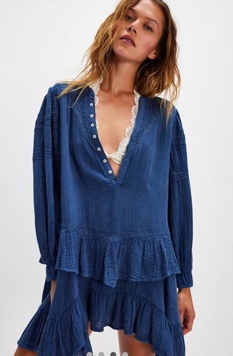 Free People Sachi Mini Dress Tiered Ruffle Hem Crochet Button V Big Dipper S NWT - Picture 3 of 6