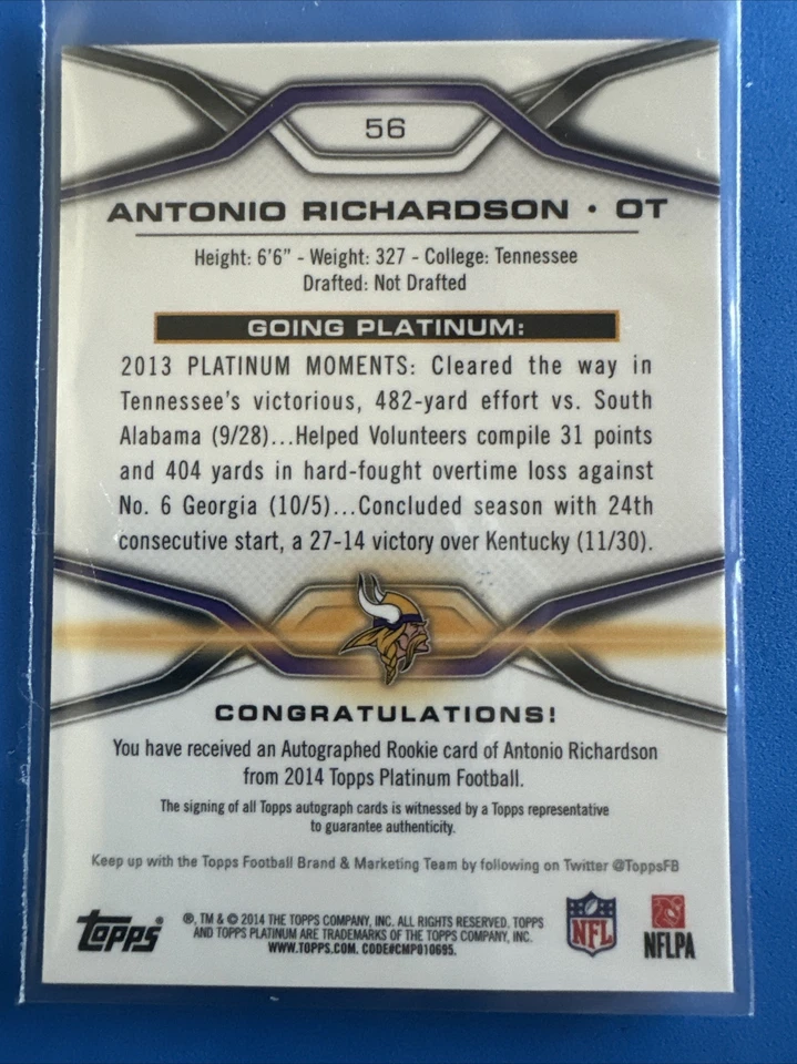 2014 Topps Platinum Autographs Refractors Football Card #56 Antonio Richardson - Image 2 of 3