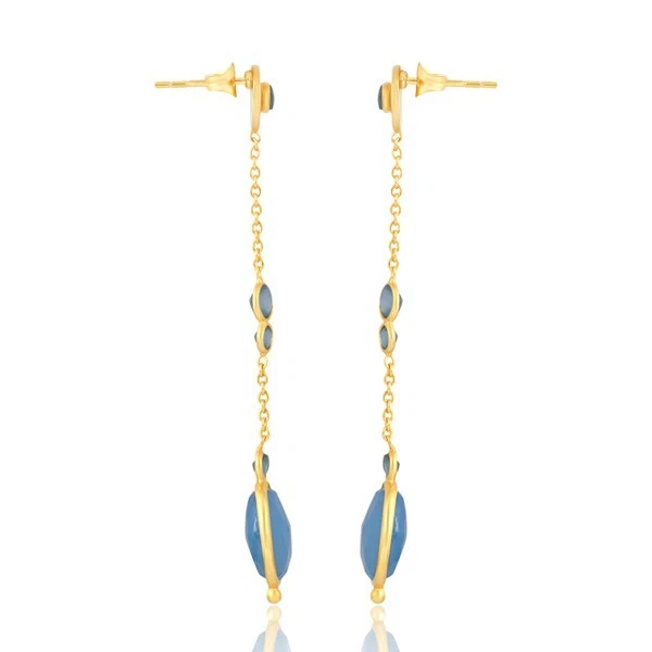 Pendientes de cadena larga con piedra conectada chapada en oro calcedonia mujer joyería Foto 3 de 4