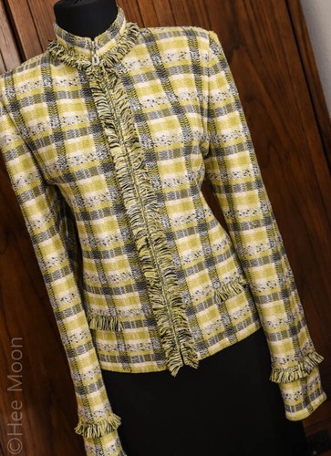 NEUF SANS ÉTIQUETTE outlet ! VESTE MOTIF CARREAUX ST JOHN COLLECTION CITRON VERT/GRIS AVEC BORDURE À FRANGES TAILLE 2 (ajuste 4)