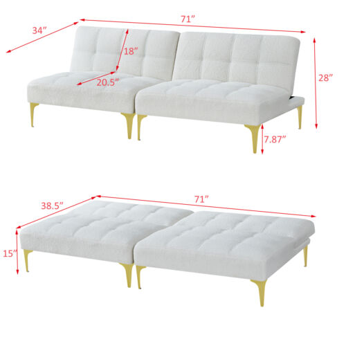 Convertible sofa bed futon with gold metal legs fabric (White) - Picture 2 of 7