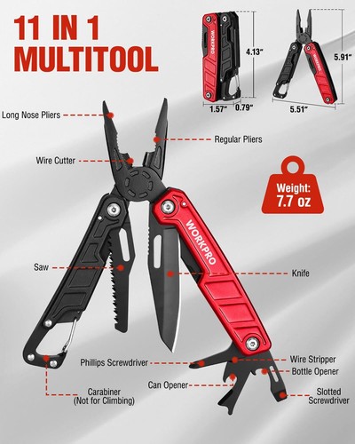 WORKPRO 11 in 1 Multitool Pliers with Safety Lock-Camping Tool Multi Tool Knives - Picture 2 of 9