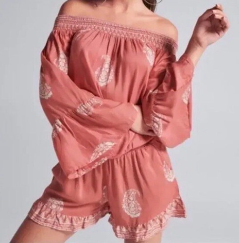 Lascana Venus Pasiley Off The Shoulder Shorts Romper Bell Sleeve Ruffle Hem Sm - Picture 2 of 15