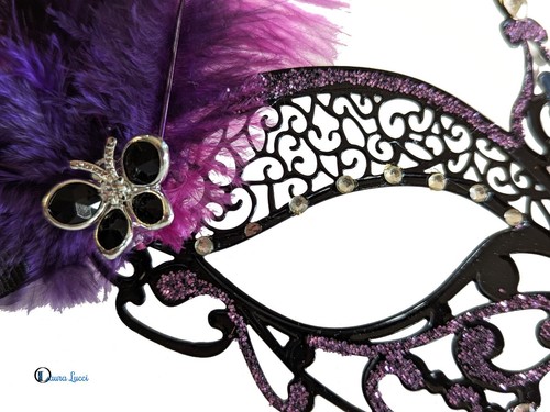 Black & Purple Metal Masquerade Mask - Venetian Feather Masque - Party Mask - Picture 3 of 10