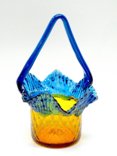 AMBER glass BASKET w BLUE applied ruffle and handle DIAMOND texture HAND BLOWN