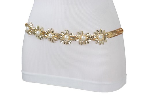 Women Gold Metal Chain Narrow Waistband Fashion Belt Pearl Bead Flower Charm S M - Picture 21 of 24