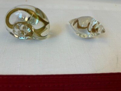 2 Vintage Art Glass Snail + Shell Paperweight Figurine Gold   Swirl